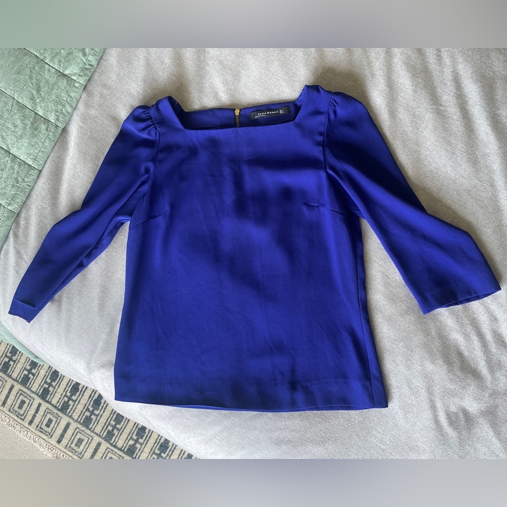 ZARA Royal Blue Puffy Shoulder Blouse with zipper Size 5